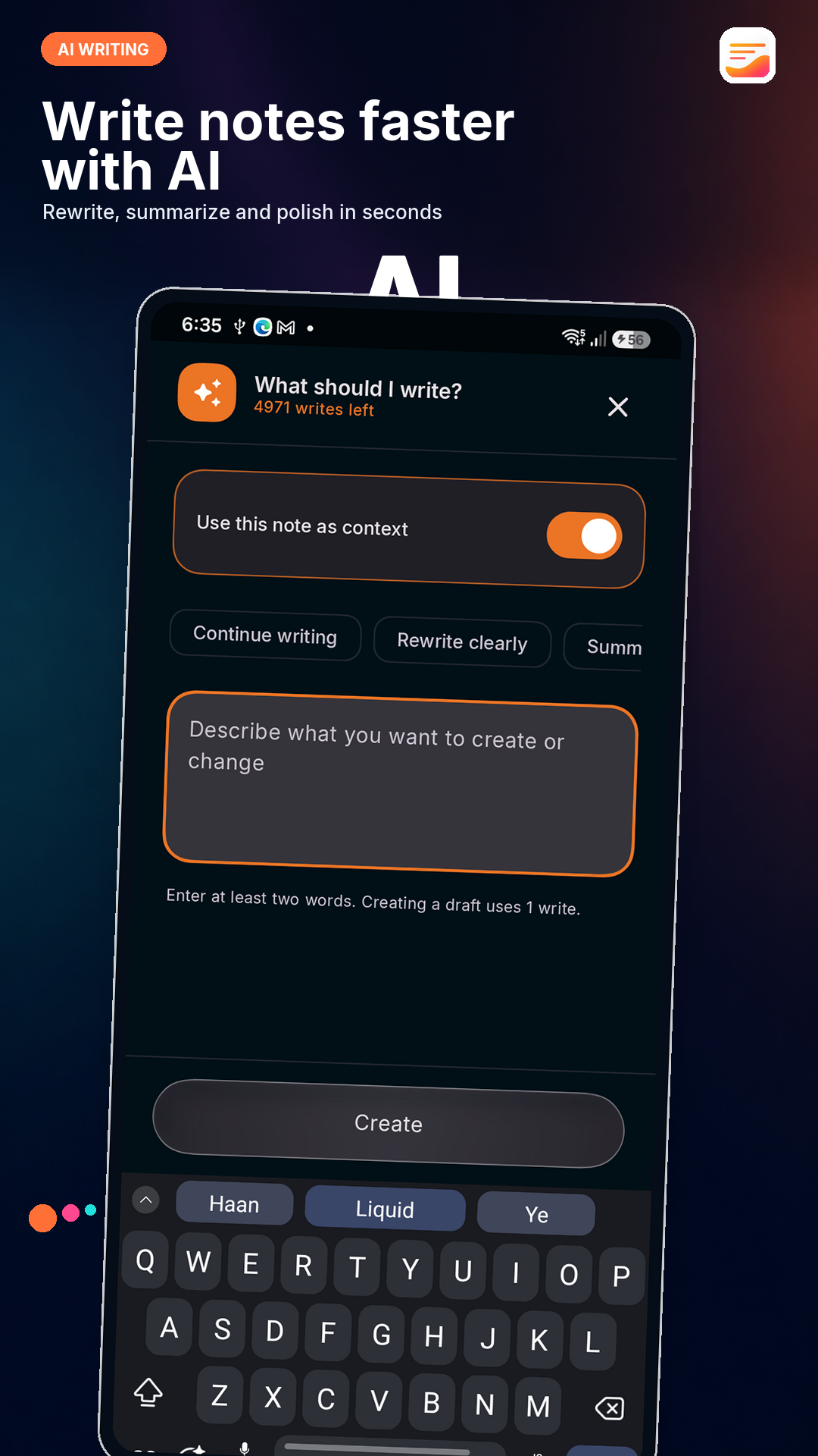 Liquid Notes AI writing assistant