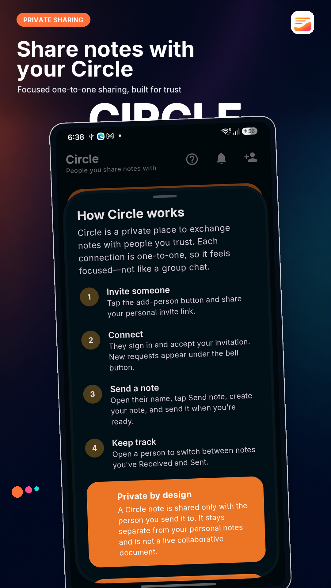 Private one-to-one note sharing with Circle