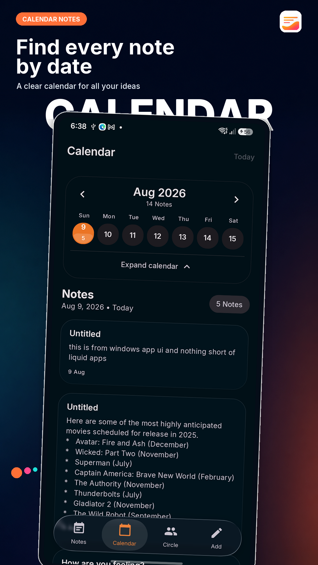 Find notes by date in the calendar