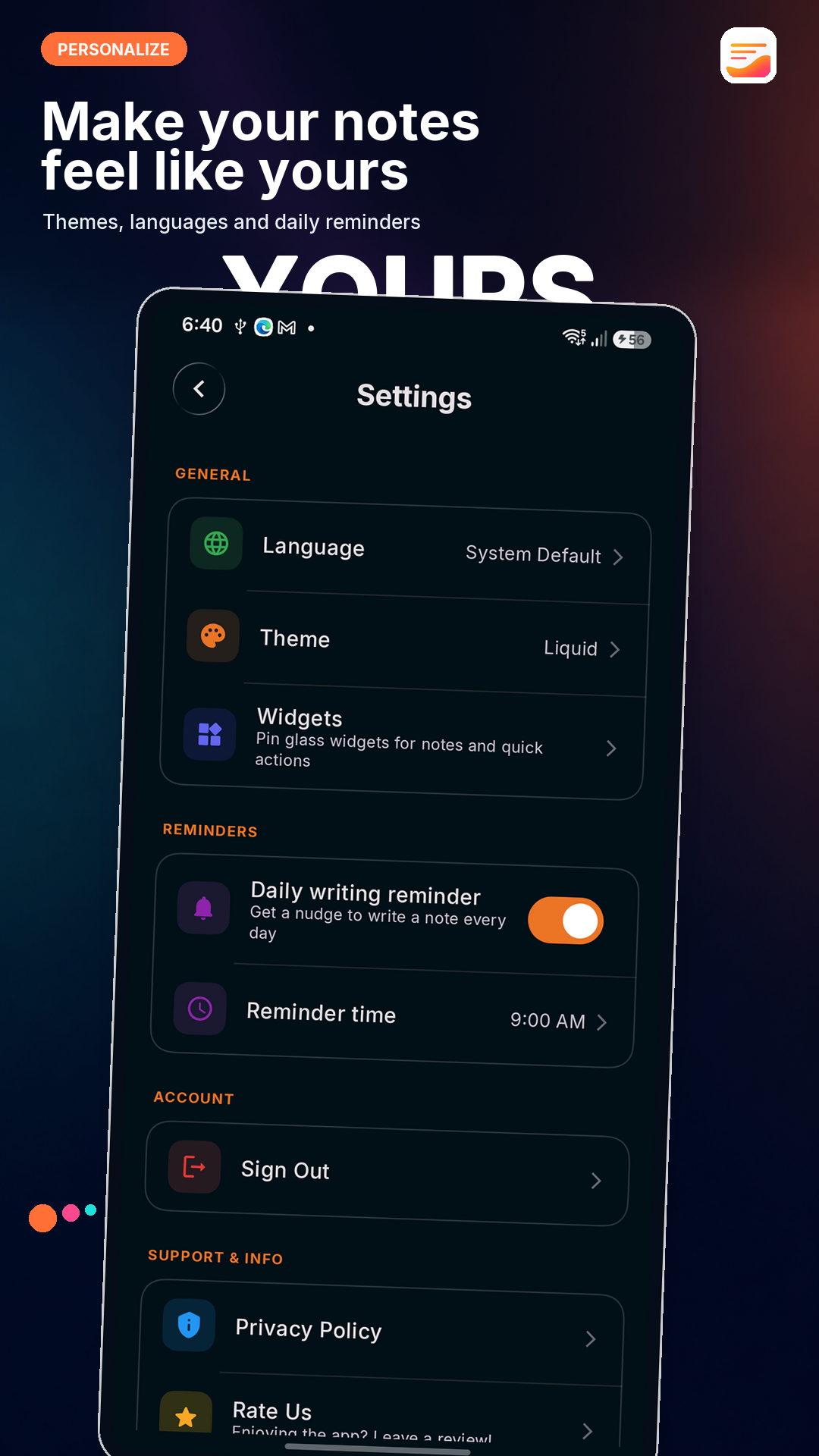 Personalize Liquid Notes themes and appearance